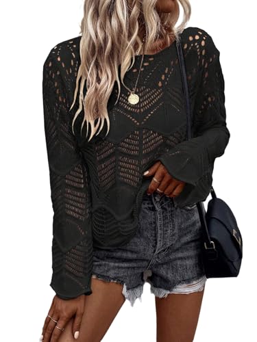 GORGLITTER Damen Strickpullover Elegant Langarm Häkelpullover Lässige Rundhals Pullover Stricken Langarmshirt Gehäkelt Freizeitpullover Herbst Schwarz M GORGLITTER Damen Strickpullover Elegant Langarm Häkelpullover Lässige Rundhals Pullover Stricken Langarmshirt Gehäkelt Freizeitpullover Herbst Schwarz M von GORGLITTER