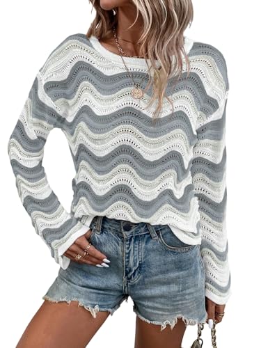 GORGLITTER Damen Strickpullover Leicht Langarmshirt Y2k Rundhals Pullover Langarm Hakel Oberteile Casual Pullover Herbst Outfit Grau XL von GORGLITTER