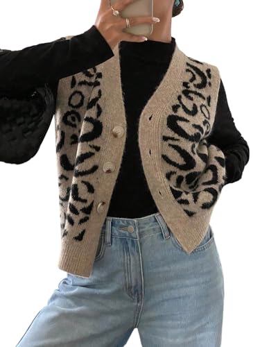 GORGLITTER Damen Strickweste Ärmellos Leoparden Weste Kurz Cardigan mit Knöpfen V Ausschnitt Herbstweste Casual Strickjacke Pullover Pullunder Leo M von GORGLITTER