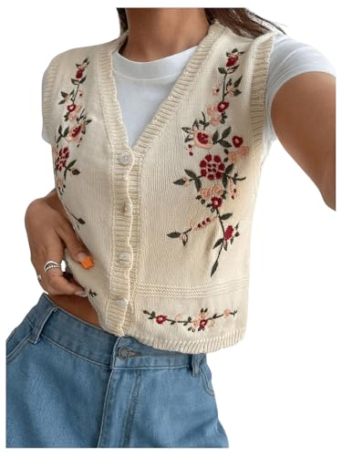 GORGLITTER Damen Strickweste Ärmellos Pullover Weste Strickwesten Trendy Casual Strickjacke mit Stickerei Beige L von GORGLITTER