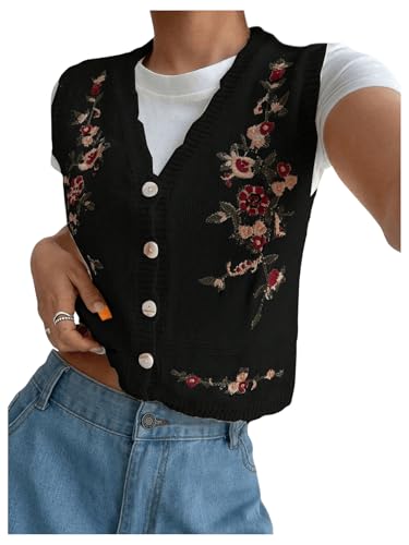 GORGLITTER Damen Strickweste Ärmellos Pullover Weste Strickwesten Trendy Casual Strickjacke mit Stickerei Schwarz S von GORGLITTER