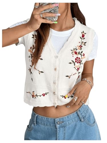 GORGLITTER Damen Strickweste Ärmellos Pullover Weste Strickwesten Trendy Casual Strickjacke mit Stickerei Weiß M von GORGLITTER