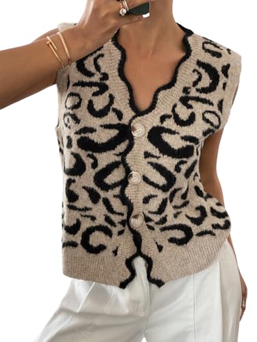 GORGLITTER Damen Strickweste Ärmellos Pullunder Leoparden Weste Cardigan mit Knöpfen Häkelweste V Ausschnitt Casual Strickjacke Herbst Outfit Leo XS von GORGLITTER