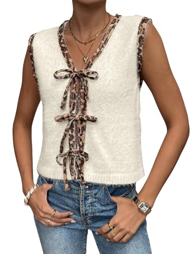 GORGLITTER Damen Strickweste Elegant Leopardenmuster Weste mit Schleife vorne Pullunder mit V-Ausschnitt Ärmellos Pullover Herbst Jacke Beige M von GORGLITTER