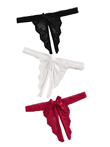 GORGLITTER Damen String Mit Spitze Schrittlose Unterwäsche Erotische Dessous Frau Offener Schritt Unterhosen Set Damenwäsche Schwarz Weiß und Rot L von GORGLITTER