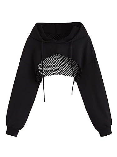 GORGLITTER Damen Super Crop Hoodie Fischnetz Kapuzenpullover Cropped Kapuzensweatshirt mit Tunnelzug Schwarz L von GORGLITTER