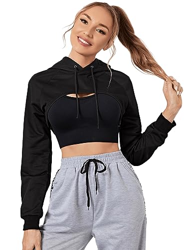 GORGLITTER Damen Super Crop Hoodie Kapuzenpullover Cropped Kapuzensweatshirt mit Tunnelzug Langarm Shirt Schwarz L von GORGLITTER