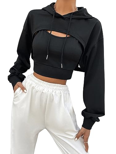 GORGLITTER Damen Super Crop Hoodie mit Top Drunter 2 in 1 Kapuzenpullover Kapuzensweatshirt Kapuzen Langarmshirt mit Tunnelzug Schwarz L von GORGLITTER