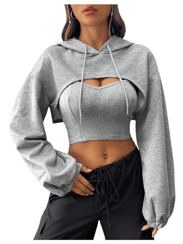 GORGLITTER Damen Super Crop Kapuzensweatshirt mit Top Drunter 2teile Kapuzenpullover Hoodie mit Kapuzen Langarmshirt Grau L von GORGLITTER