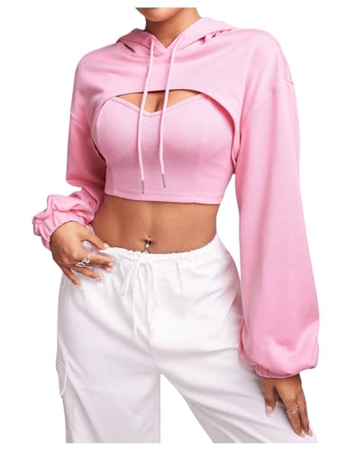 GORGLITTER Damen Super Crop Kapuzensweatshirt mit Top Drunter 2teile Kapuzenpullover Hoodie mit Kapuzen Langarmshirt Rosa S von GORGLITTER