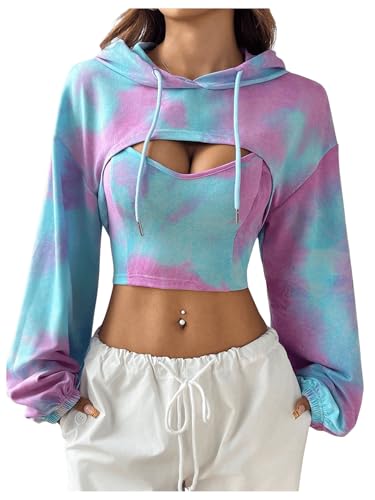 GORGLITTER Damen Super Crop Kapuzensweatshirt mit Top Drunter 2teile Kapuzenpullover Hoodie mit Kapuzen Langarmshirt Violett M von GORGLITTER