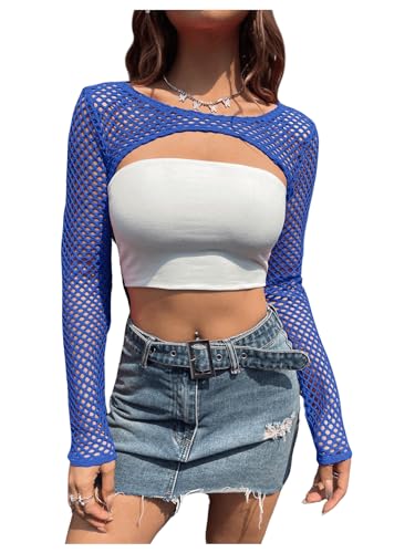 GORGLITTER Damen Super Crop Top Fischnetz Mesh Kurz Top Durchsichtiges Oberteil Langarm Tops Blau L von GORGLITTER