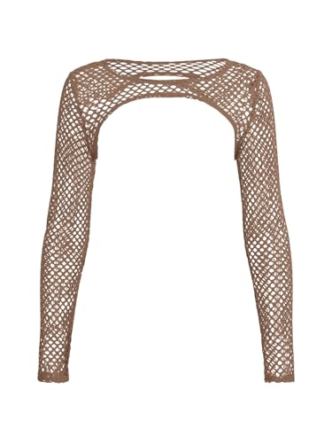 GORGLITTER Damen Super Crop Top Fischnetz Mesh Kurz Top Durchsichtiges Oberteil Langarm Tops Khaki XS von GORGLITTER