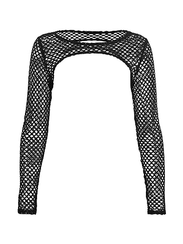 GORGLITTER Damen Super Crop Top Fischnetz Mesh Kurz Top Durchsichtiges Oberteil Langarm Tops Schwarz M von GORGLITTER