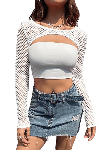 GORGLITTER Damen Super Crop Top Fischnetz Mesh Kurz Top Durchsichtiges Oberteil Langarm Tops Weiß L von GORGLITTER