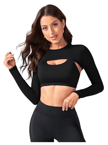 GORGLITTER Damen Super Crop Top Langarm T-Shirt Kurzes Top Sports Yoga Oberteil Rundkragen Tops Schwarz L von GORGLITTER