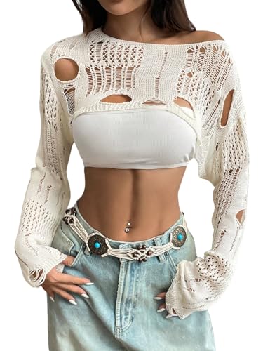 GORGLITTER Damen Super Crop Top Langarm Tops Kurz Cut Outs Shirts mit U-Boot Ausschnitt Cropped Pullover Sweatshirts Langarm Pulli Aprikosenfarben M von GORGLITTER