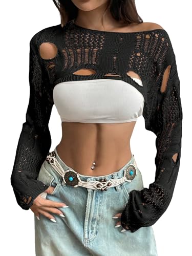 GORGLITTER Damen Super Crop Top Langarm Tops Kurz Cut Outs Shirts mit U-Boot Ausschnitt Cropped Pullover Sweatshirts Langarm Pulli Schwarz M von GORGLITTER