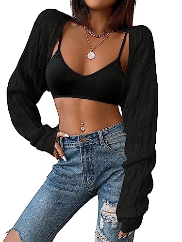 GORGLITTER Damen Super Cropped Strick Cardigan Langarm Bolero Tops Sweater Open Front Jacke Strickbolero Schwarz M von GORGLITTER