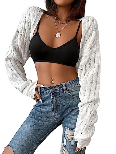 GORGLITTER Damen Super Cropped Strick Cardigan Langarm Bolero Tops Sweater Open Front Jacke Strickbolero Weiß M von GORGLITTER