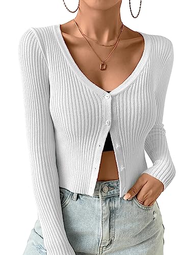 GORGLITTER Damen Sweater Cardigan V-Ausschnitt Strickjacke Pullover Pulli Dünne Jacke mit Knöpfen Weiß S von GORGLITTER