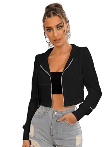 GORGLITTER Damen Sweatjacke Bauchfrei Kapuzenpullover Langarm Crop Hoodie Sweatshirt Kapuzenjacke Cropped Jacke mit Zip Schwarz M von GORGLITTER