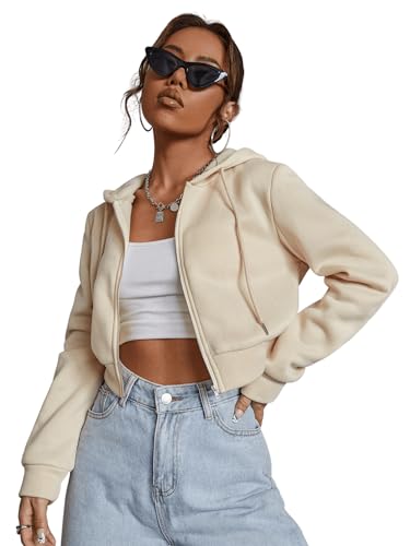 GORGLITTER Damen Sweatjacke Bauchfrei Kapuzenpullover Langarm Kurz Hoodie Sweatshirt Crop Kapuzenjacke Cropped Jacke mit Zip Beige M von GORGLITTER