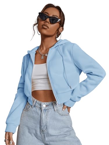 GORGLITTER Damen Sweatjacke Bauchfrei Kapuzenpullover Langarm Kurz Hoodie Sweatshirt Crop Kapuzenjacke Cropped Jacke mit Zip Blau M von GORGLITTER