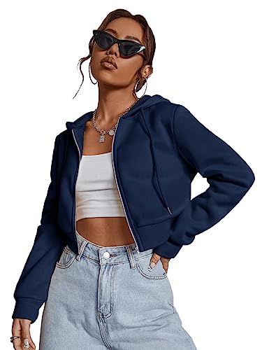 GORGLITTER Damen Sweatjacke Bauchfrei Kapuzenpullover Langarm Kurz Hoodie Sweatshirt Crop Kapuzenjacke Cropped Jacke mit Zip Marineblau XS von GORGLITTER