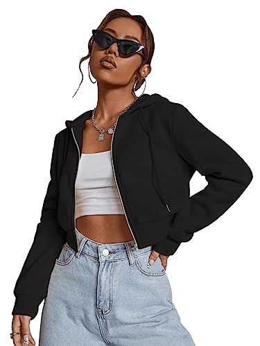 GORGLITTER Damen Sweatjacke Bauchfrei Kapuzenpullover Langarm Kurz Hoodie Sweatshirt Crop Kapuzenjacke Cropped Jacke mit Zip Schwarz L von GORGLITTER