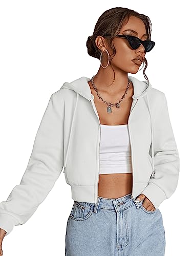 GORGLITTER Damen Sweatjacke Bauchfrei Kapuzenpullover Langarm Kurz Hoodie Sweatshirt Crop Kapuzenjacke Cropped Jacke mit Zip Weiß M von GORGLITTER