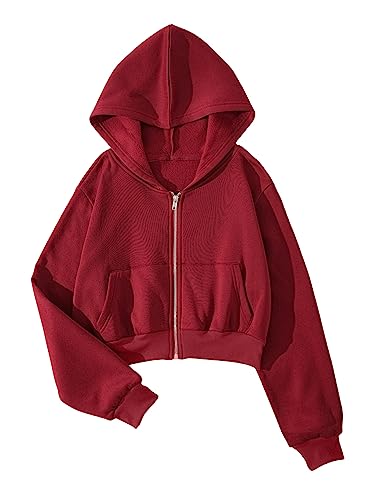 GORGLITTER Damen Sweatjacke Bauchfrei Kapuzenpullover Langarm Kurz Hoodie Sweatshirt Crop Pullover Kapuzenjacke Cropped Jacke mit Zip Bordeaux L von GORGLITTER