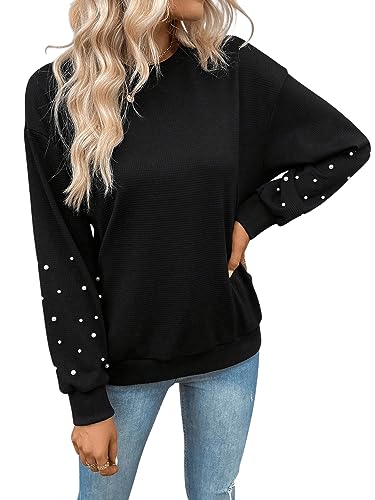 GORGLITTER Damen Sweatshirt Drop Shoulder Pullover Rundhals Oberteil Lässig Pulli mit Perlen Schwarz L von GORGLITTER