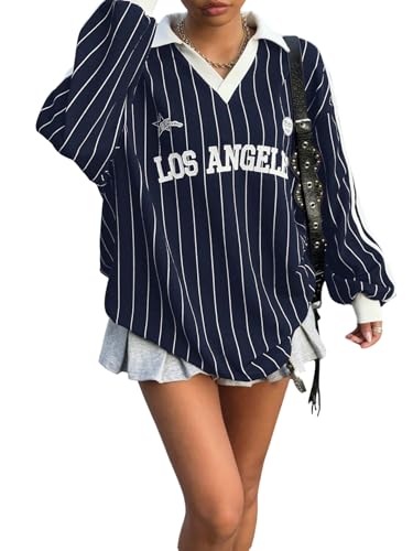 GORGLITTER Damen Sweatshirt Elegant Vintage Locker Langarmshirt mit Streifen Casual Oberteile mit V-Ausschnitt Langarm Pullover Herbst Winter Dunkelgrau S von GORGLITTER