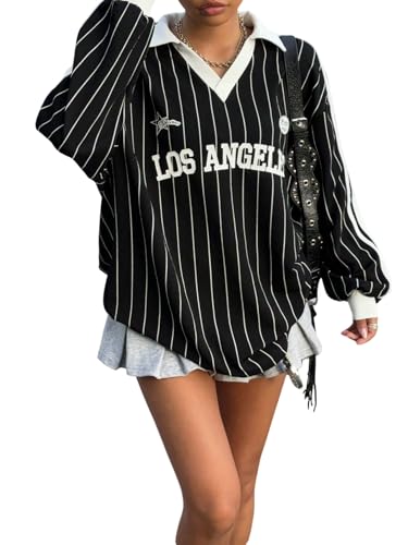 GORGLITTER Damen Sweatshirt Elegant Vintage Locker Langarmshirt mit Streifen Casual Oberteile mit V-Ausschnitt Langarm Pullover Herbst Winter Schwarz M von GORGLITTER