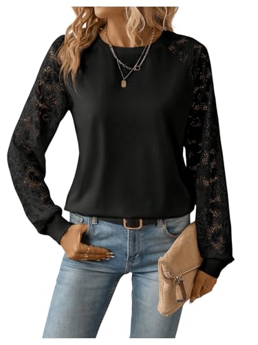 GORGLITTER Damen Sweatshirt Langarm Oberteil Rundkragen Langarmshirt Raglanärmeln Pullover Lässig Cool Sweatshirt mit Spitzen Schwarz XL von GORGLITTER