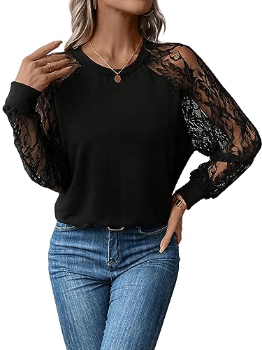 GORGLITTER Damen Sweatshirt Raglanärmeln Oberteil Rundhals Langarmshirts Casual Pullover mit Spitzen Schwarz M von GORGLITTER