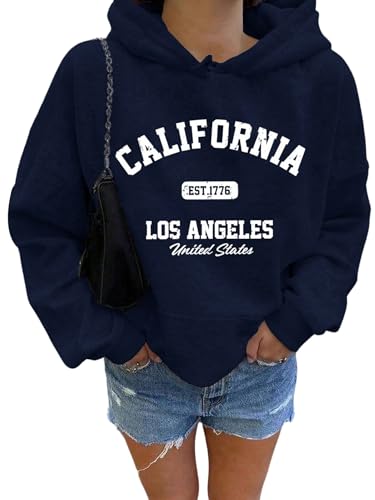 GORGLITTER Damen Sweatshirt mit Kapuze Herbst Kapuzepullover Hoodie Kapuzesweatshirt Jersey Pullover Casual Pulli Langarm mit Tasche Dunkelblau XL von GORGLITTER