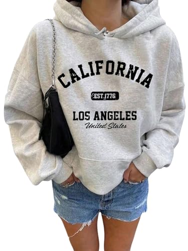 GORGLITTER Damen Sweatshirt mit Kapuze Herbst Kapuzepullover Hoodie Kapuzesweatshirt Jersey Pullover Casual Pulli Langarm mit Tasche Hellgrau XL von GORGLITTER