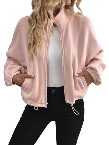 GORGLITTER Damen Sweatshirts mit Reißverschluss Langarm Pulli Cropped Fleece Sweatjacke mit Kordelzug Gefüttert Sweatshirt Herbst Winter Rosa S von GORGLITTER