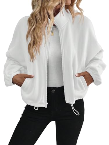GORGLITTER Damen Sweatshirts mit Reißverschluss Langarm Pulli Cropped Fleece Sweatjacke mit Kordelzug Gefüttert Sweatshirt Herbst Winter Weiß S von GORGLITTER