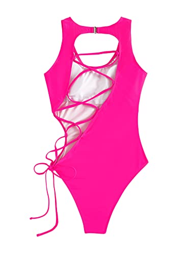 GORGLITTER Damen Swimanzug Cut Outs Badeanzug Geschnürt One Piece Swimwear Träger Einteilige Bademode Bügellos Badeanzüge mit Schnürzug Heißes Pink M von GORGLITTER