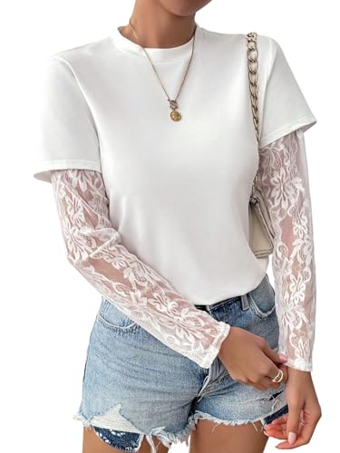 GORGLITTER Damen T-Shirt Sommer 2 in 1 Spitzen Sommershirt Elegant Langarm Spizenshirt Rundkragen Oberteil Office Casualshirt Going Out Weiß S von GORGLITTER