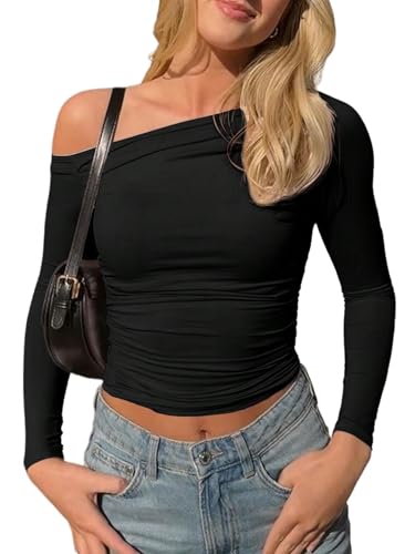 GORGLITTER Damen T-Shirt Asymmetrisches Langarmshirts Bauchfreies Oberteil Schmal Shirts Langarm Tshirt Gerafftes Herbstshirts Freizeitshirt Schwarz S von GORGLITTER