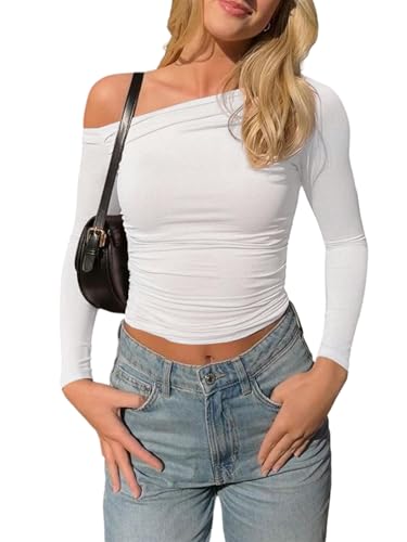GORGLITTER Damen T-Shirt Asymmetrisches Langarmshirts Bauchfreies Oberteil Schmal Shirts Langarm Tshirt Gerafftes Herbstshirts Freizeitshirt Weiß S von GORGLITTER