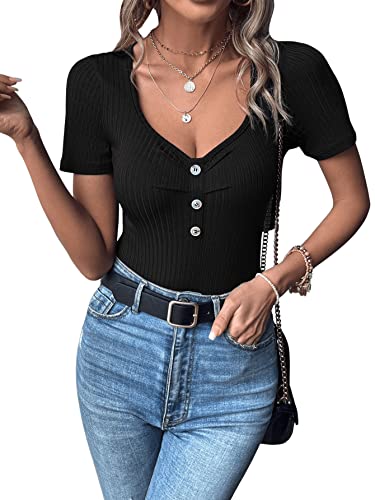 GORGLITTER Damen T-Shirt-Body Kurzarm Bodyuist Sommer Oberteil Schmal Bodys T-Shirts Herzausschnitt mit Knöpfen Schwarz L von GORGLITTER