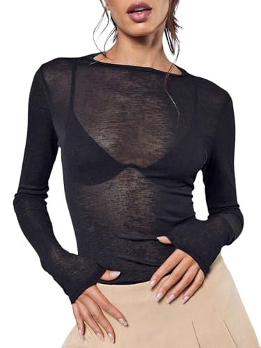 GORGLITTER Damen T-Shirt Duchsichtiges Sommershirts Langarm Oberteile Rundkragen Tshirt Herbst Netzshirt Schmal Langarmshirt Blusenshirt Schwarz S von GORGLITTER