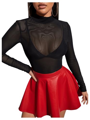 GORGLITTER Damen T-Shirt Durchsichtige Oberteile Stehkragen Sommershirt Langarm Tshirt Mesh Sommerbluse Transparentes Damenshirt Sommer Outfits Schwarz XS von GORGLITTER