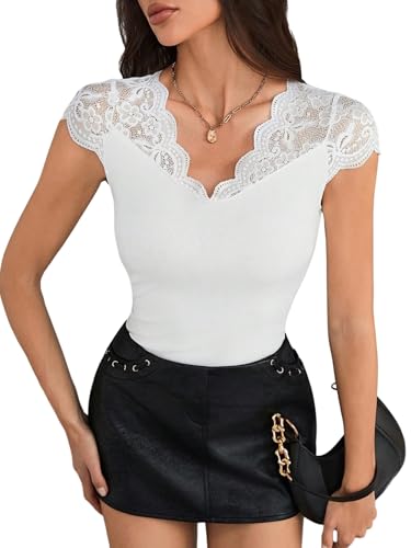 GORGLITTER Damen T-Shirt Elegant Oberteil mit Spitzen Office Casualshirt Spitzenshirt Dirndlbluse für Oktoberfest mit V Ausschnitt Weiß M von GORGLITTER