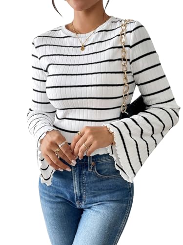 GORGLITTER Damen T-Shirt Gestreiftes Tshirt Langarm Shirt Schmal Oberteil Elegant Langarmshirt Streifen Muster Tops Blusenshirt Herbstshirt Schwarz und Weiß S von GORGLITTER